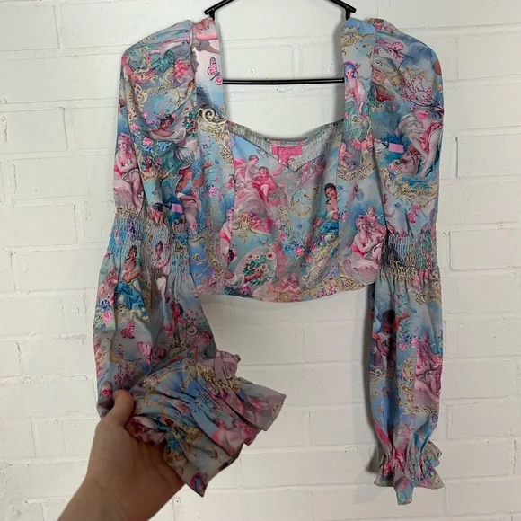 NWT Sugar Thrillz Baroque Pattern Puff Sleeve Crop Top - Picture 2 of 6